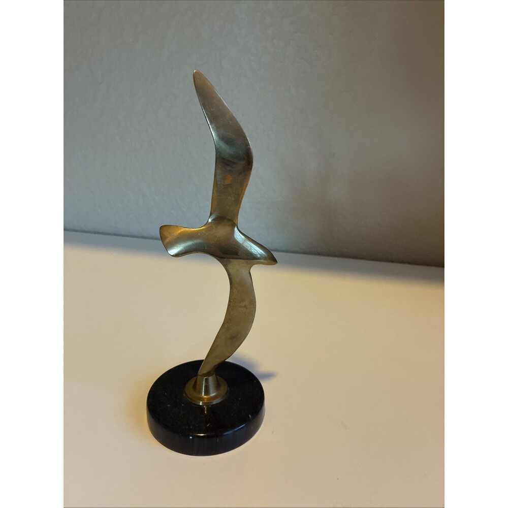 VTG Brass Seagull Stone Base Sculpture Statue MCM Seabirds, Birds Coastal Beach
